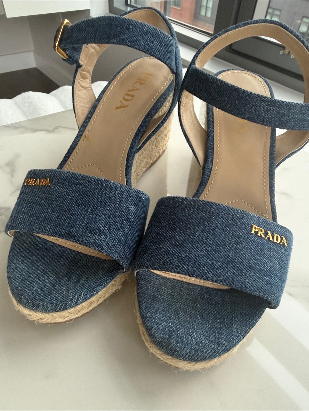 Prada Denim Wedge Sandal - with Gold Logo